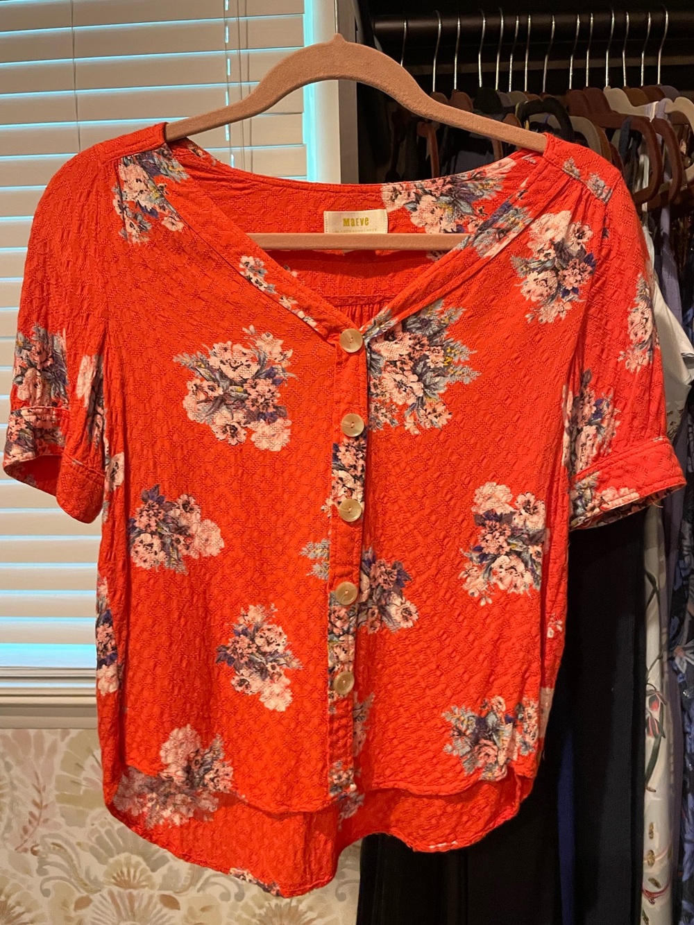 Maeve by Anthropologie Coral Floral Textured Button-Down Blouse